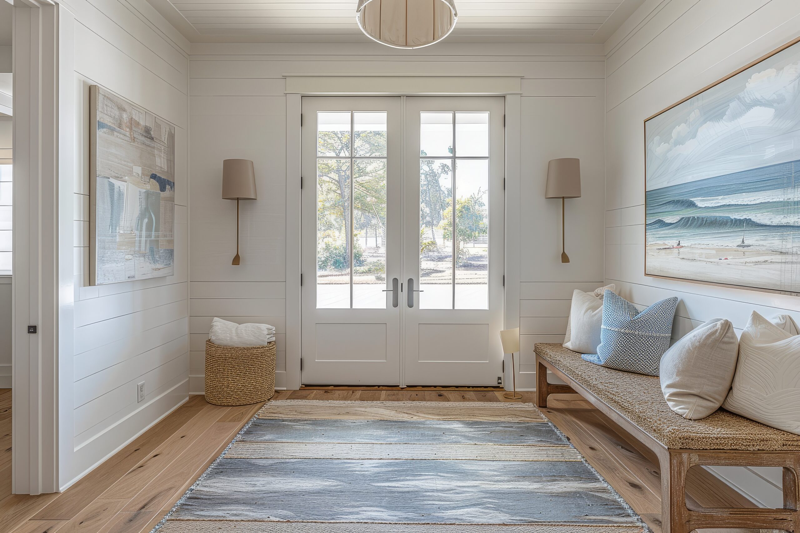 Head-on shot of front door in a white beach-style home with light wood floors, art above the bench, and symmetrical design, illuminated by morning light.